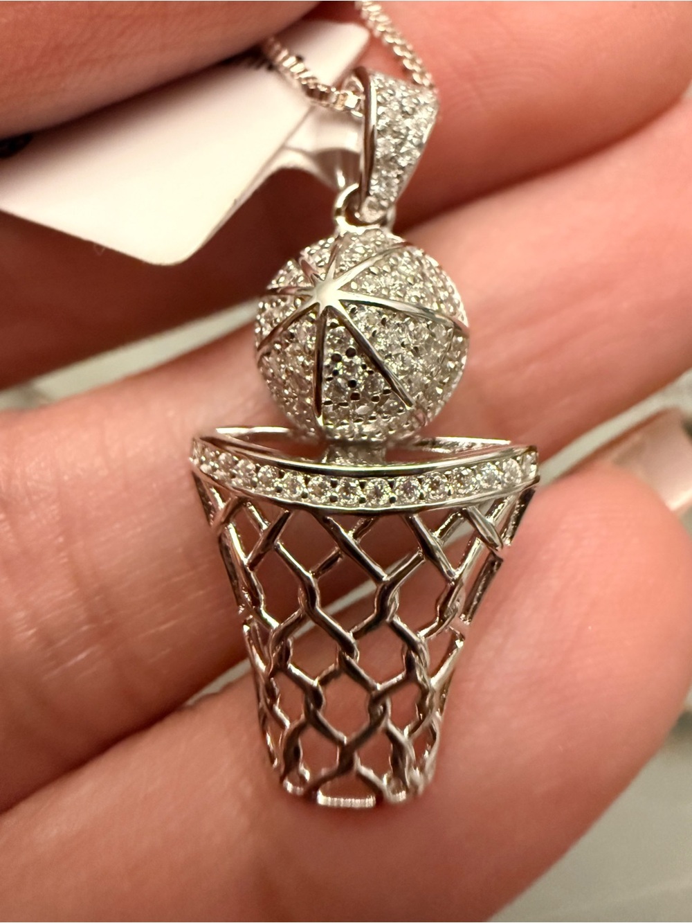 925 Sterling Silver 0.33 CT Moissanite Basketball Hoop Pendant 18” Necklace NWT